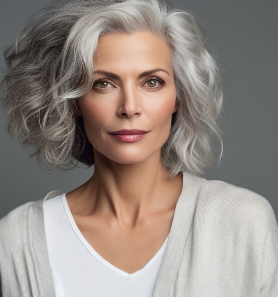 middle aged woman with grey hair (model)