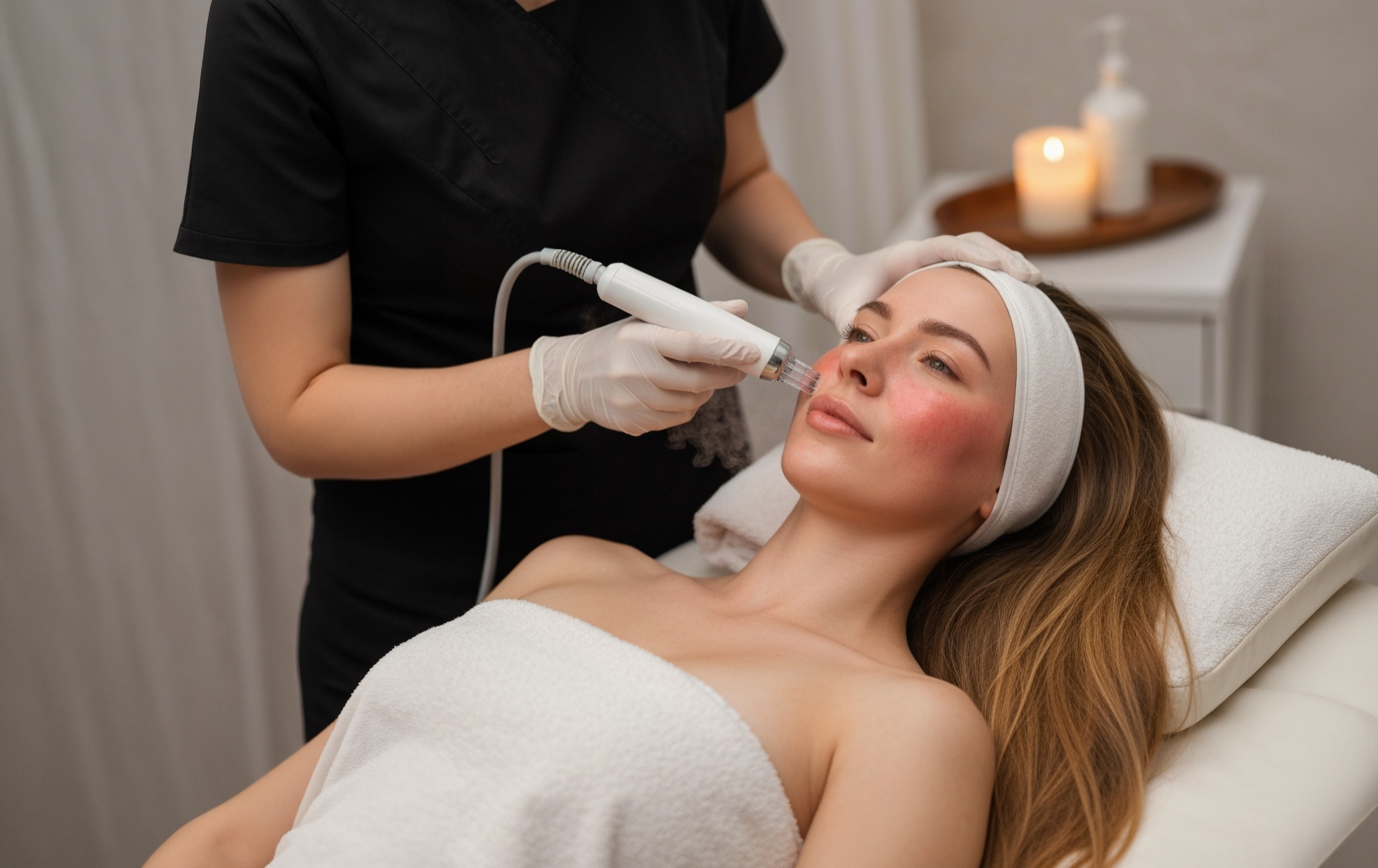 Gloved hands guiding a microneedling device along a woman's cheek during a medspa treatment