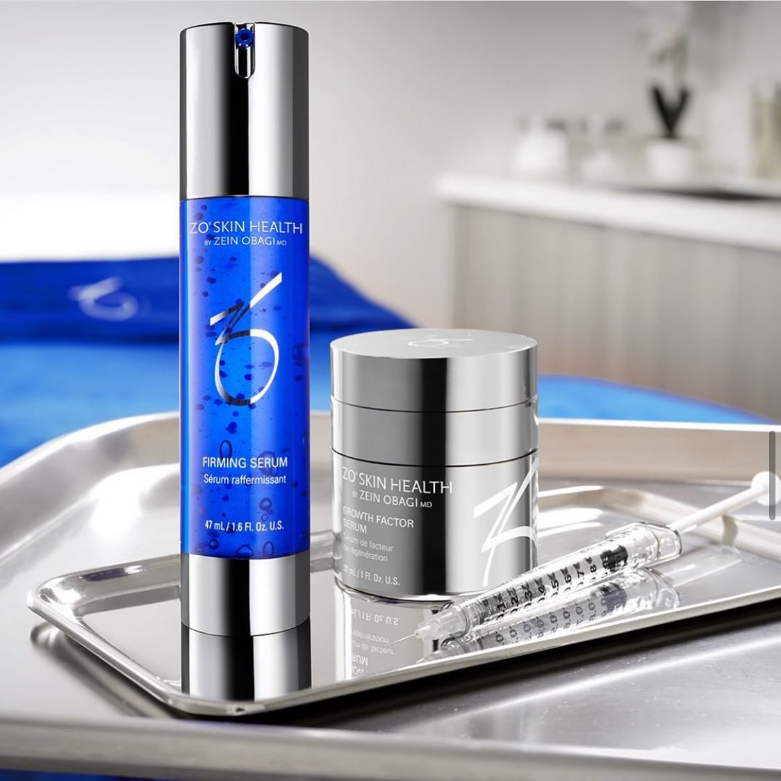 ZO Skin Health skincare products on a metal tray